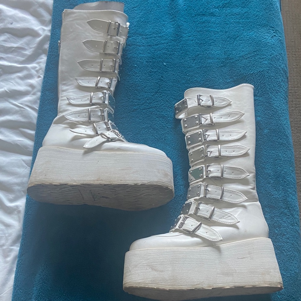 Demonia White Platform Boots with Buckles